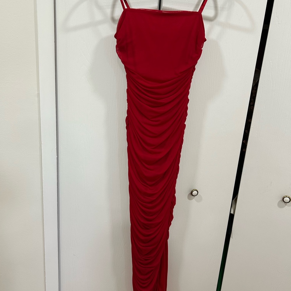 Red Ruched Maxi Dress With Slit - Size M